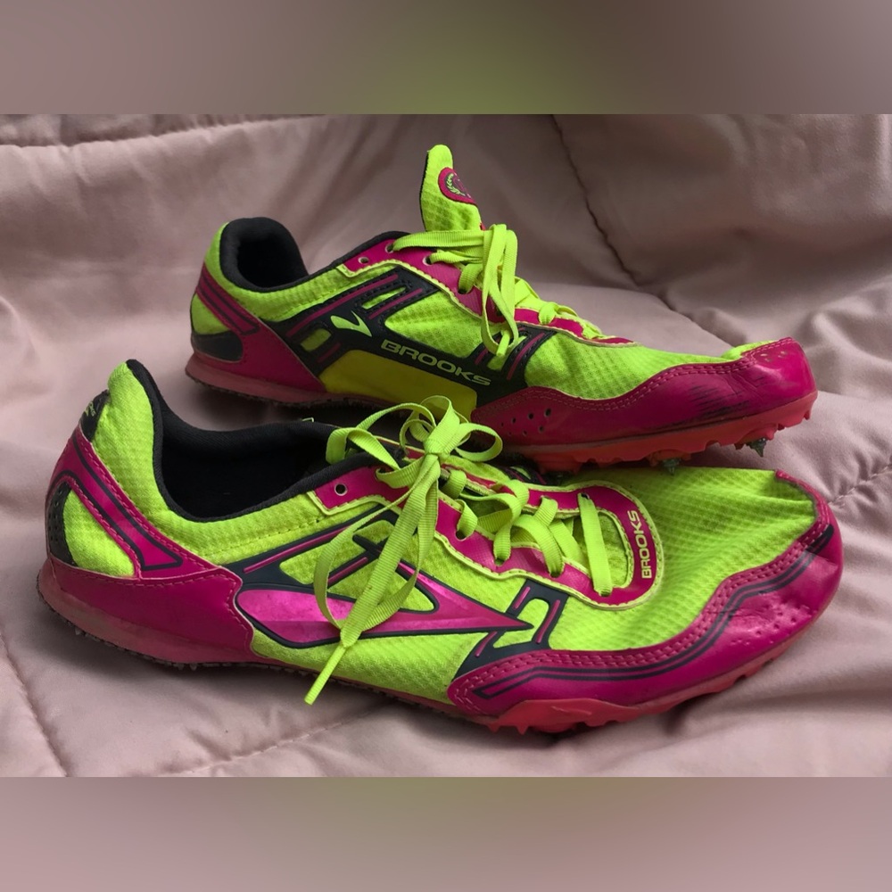 Brooks PR Series Neon Green and Pink Mid Distance Running Spikes - 9.5 - Picture 1 of 14